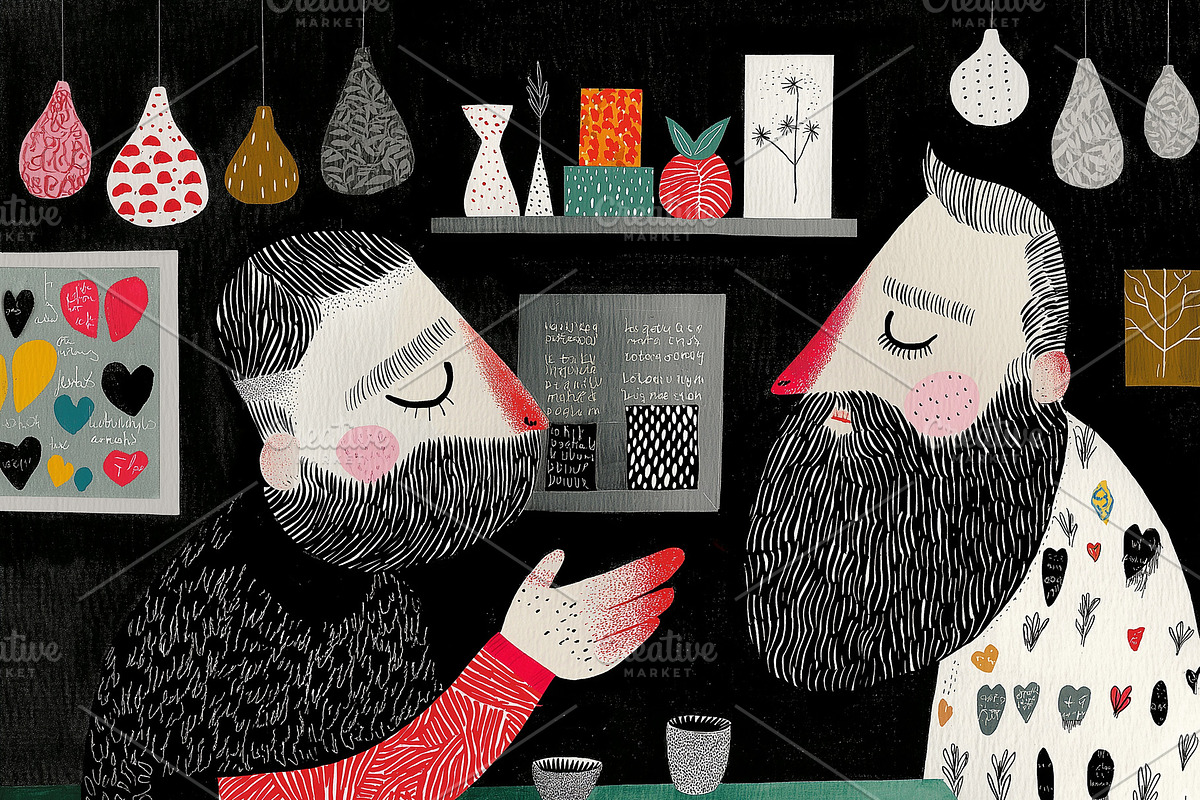 Two men in a restaurant drink shots, a Person Illustration by Sybillla