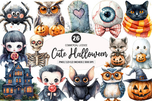 Watercolor Cute Halloween Clipart, an Illustration by SinaCreation