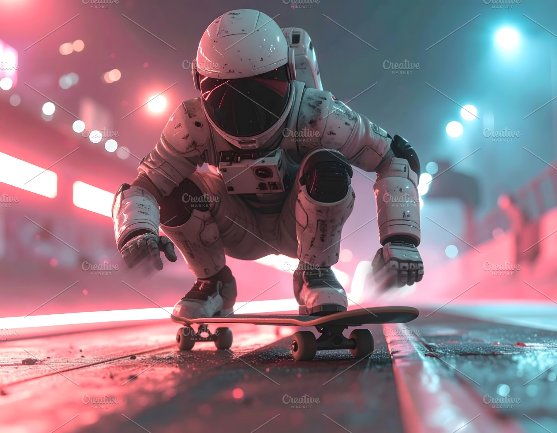 Futuristic robot skateboarder performing trick under neon lights, an Industrial Photo by GoodGoods
