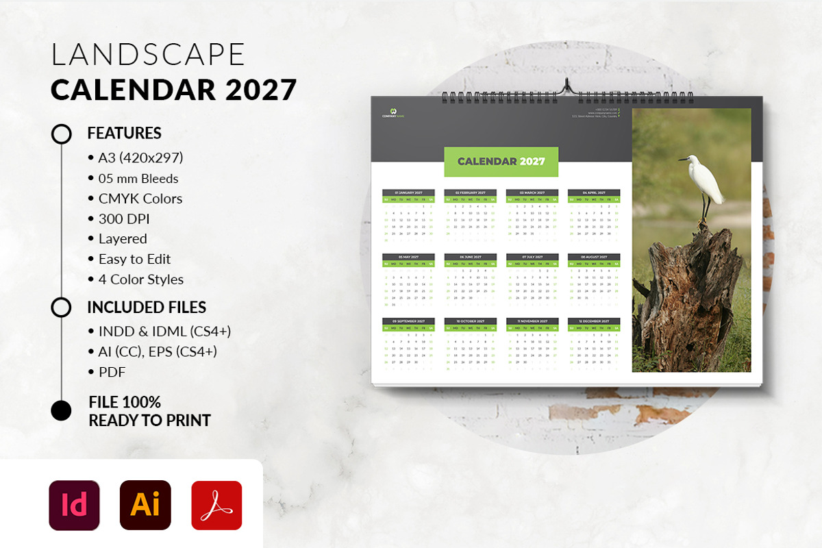 Landscape Calendar 2027 Template, a Stationery Template by MstArtwork (Photo 3 of 5)