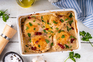 Marry me chicken, baked chicken legs with creamy tomato aromatic, a Food & Drink Photo by Rimma