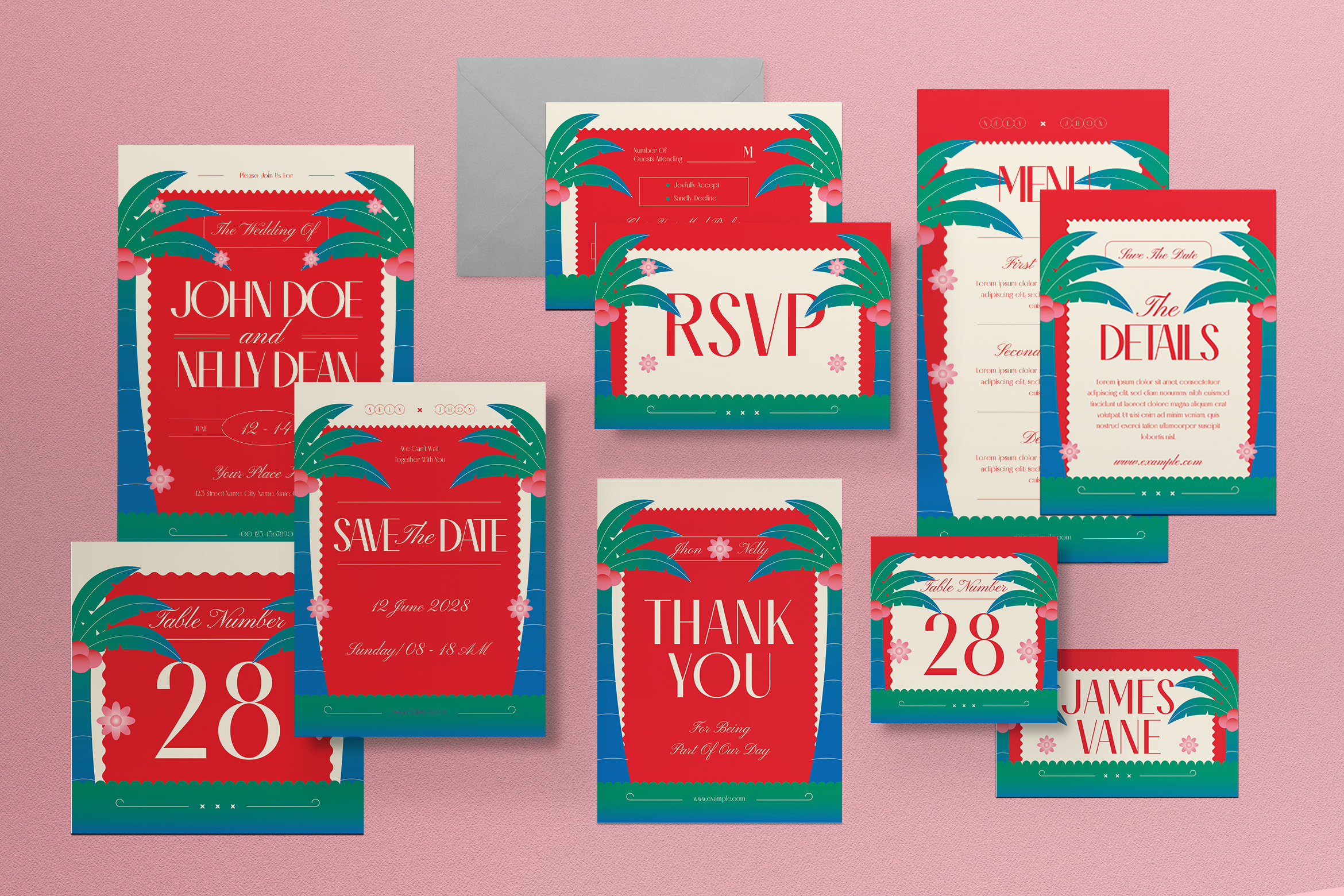 Flat Design Wedding Invitation Set, a Card Template by graphicook