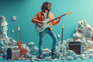 Musician performs on stage with elec, a Photo by Tanuart