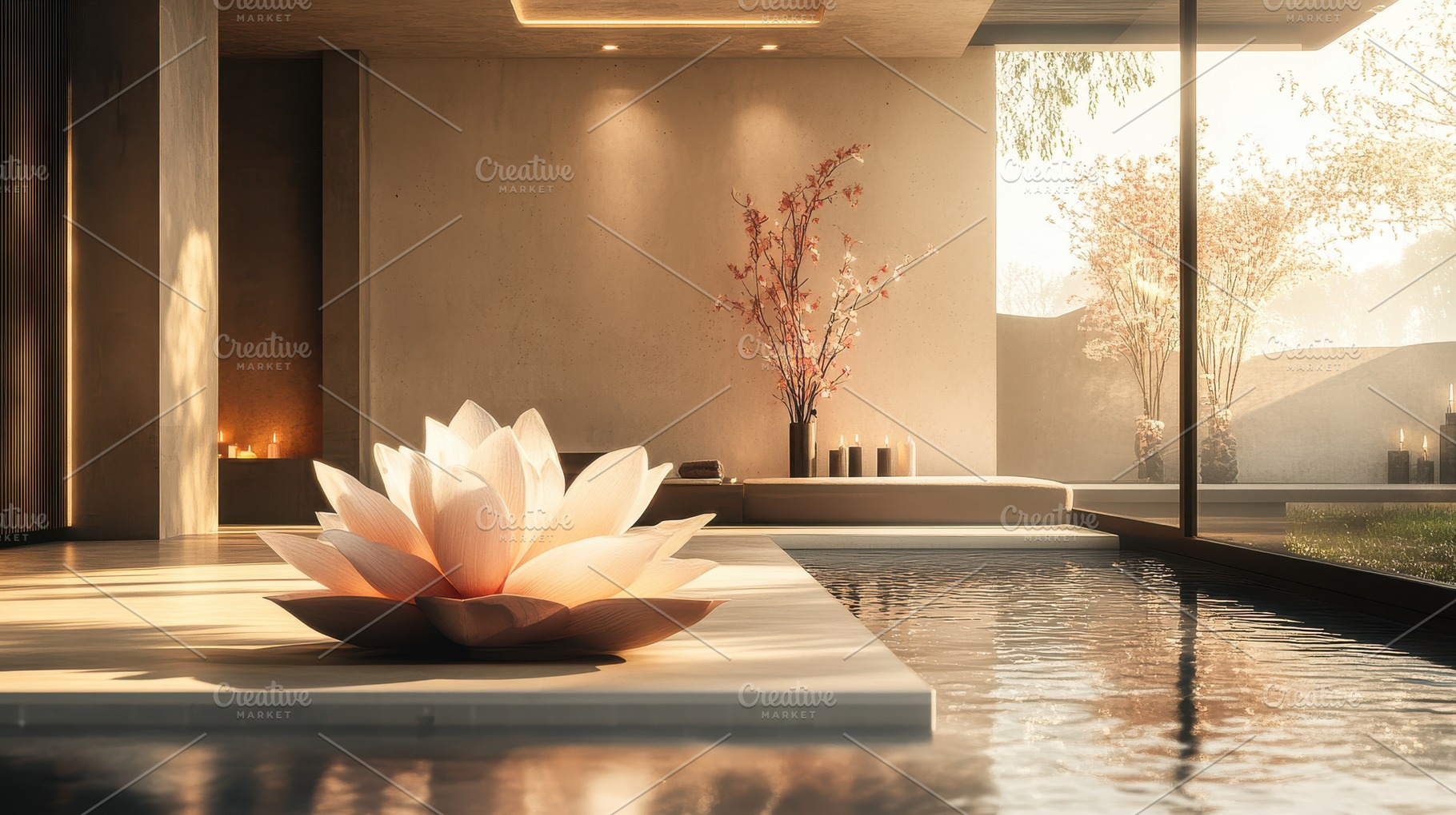 Indoor Zen Garden: Serene lotus flow, a Background Photo by Pixeness Studio