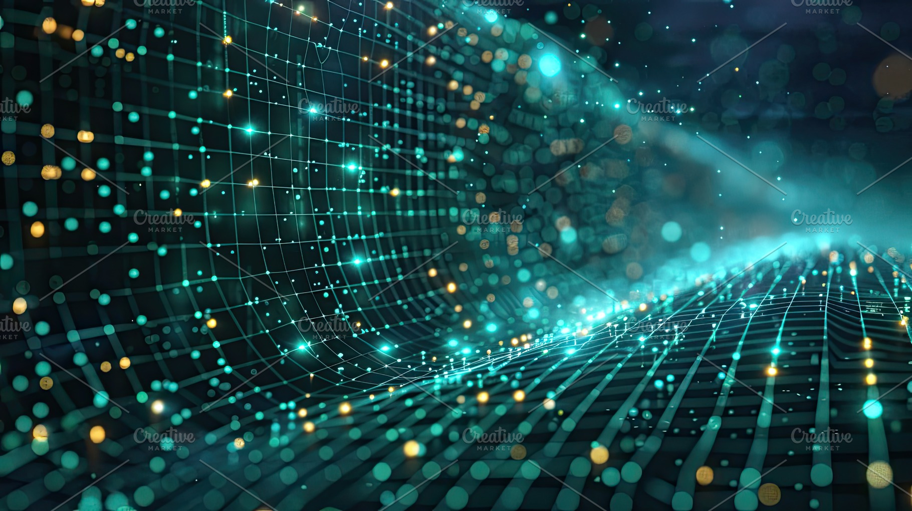 Glowing teal and yellow data grid tunnel with light particles re, a Background Photo by José Manuel Gelpi