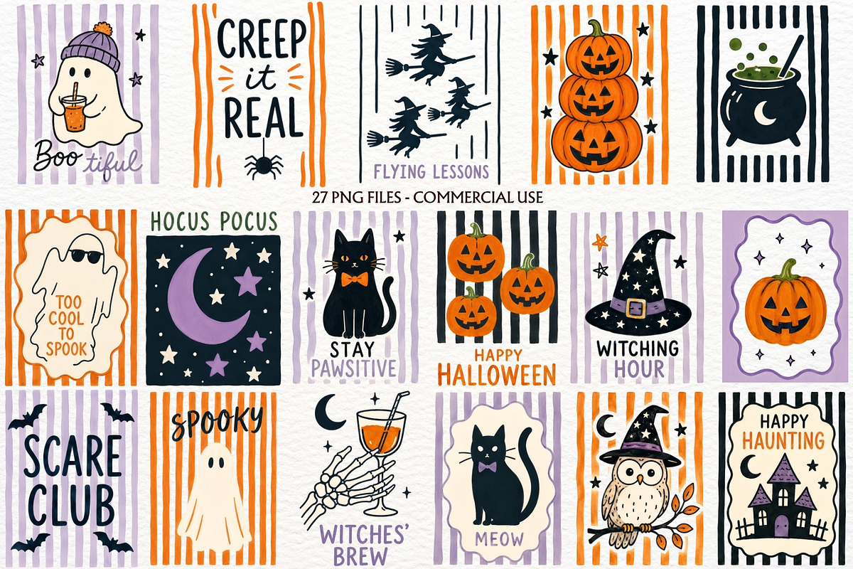 Retro Halloween Clipart Spooky Print, a Seasonal Illustration by SugarCloudStudioArt (Photo 1 of 5)