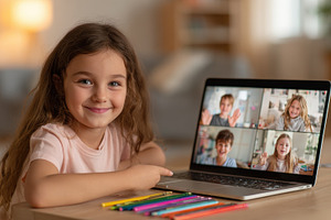 Girl smiles during online class with, a Photo by Pixeness Studio