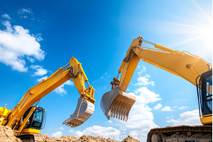 Dual excavators digging under bright, an Industrial Photo by Lermont51