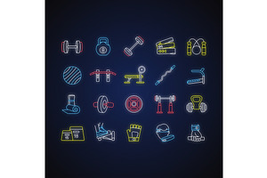 Home Gym Equipment Neon Light Icons