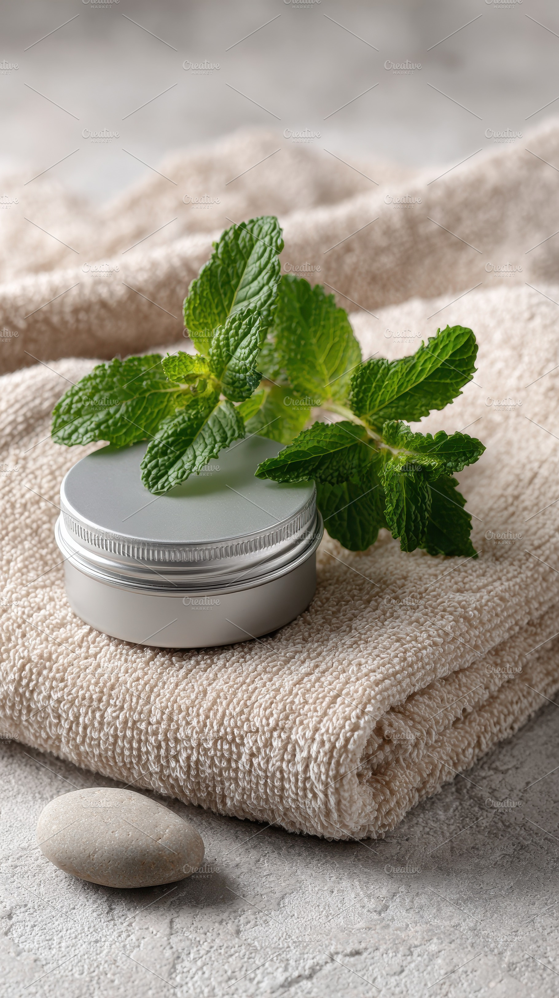 Mint cream jar on beige towel spa re, a Photo by Pixeness Studio