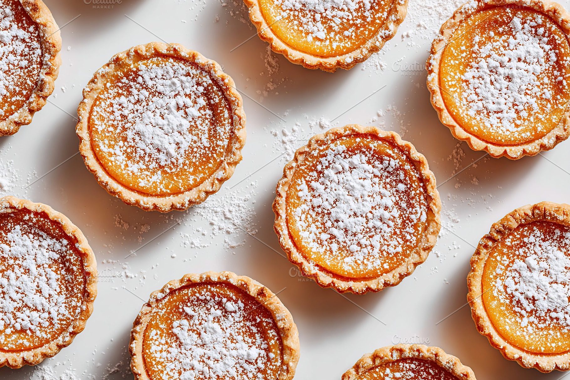 A collection of small tarts filled with a smooth orange custard and dusted with, a Food & Drink Photo by AlyaAnd