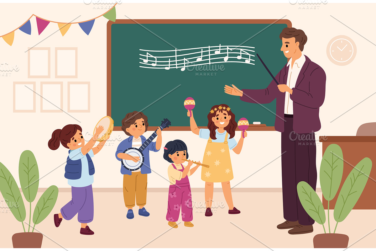 Music class learning. Students with, an Education Illustration by YummyBuum