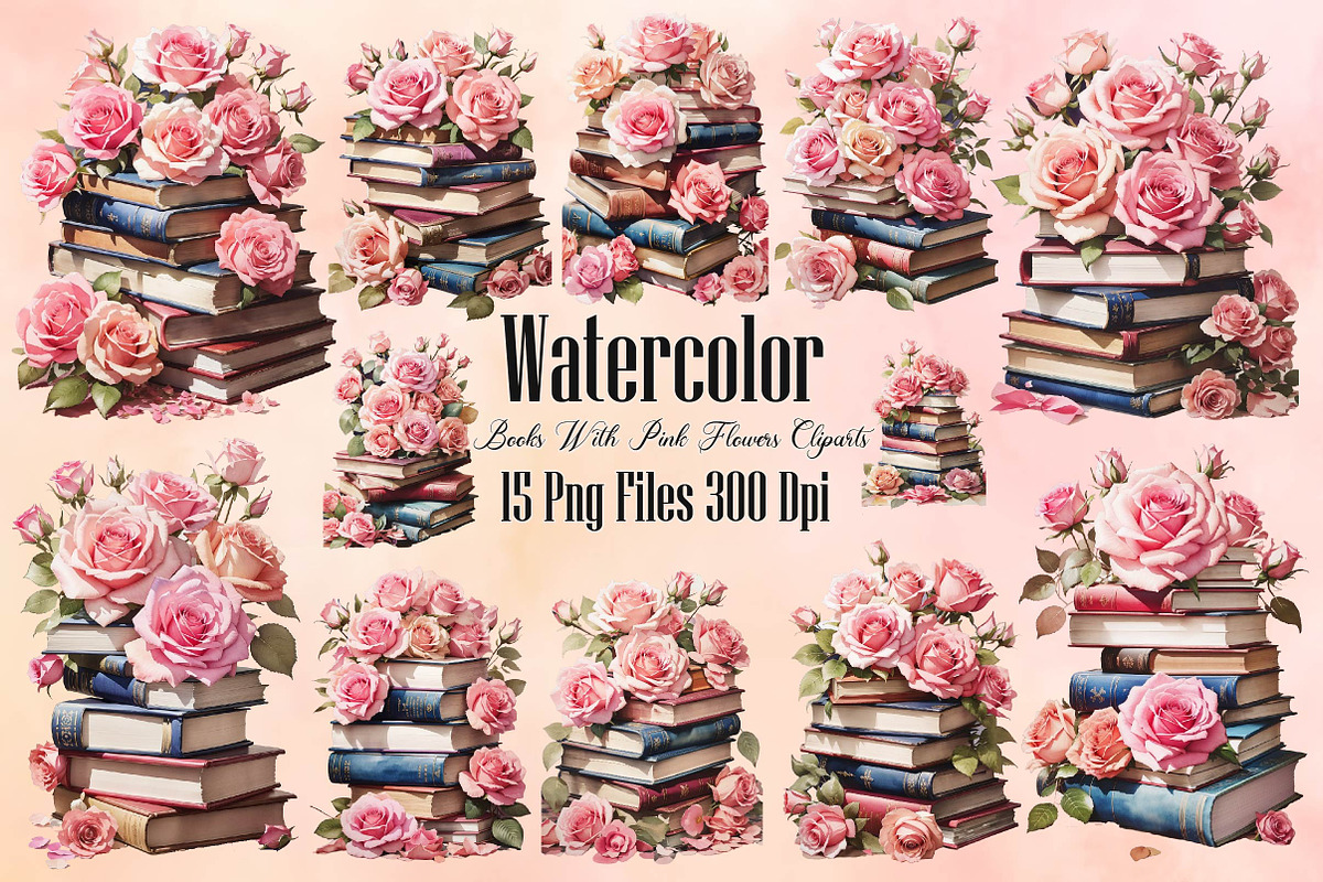 Watercolor Books with pink flower, a Seasonal Illustration by Craft Nest (Photo 1 of 5)