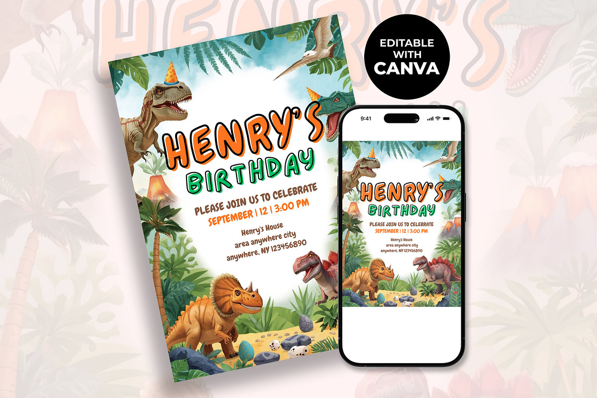 Dinosaur Birthday Canva Invitation, an Invitation Template by M9 Design (Photo 2 of 4)