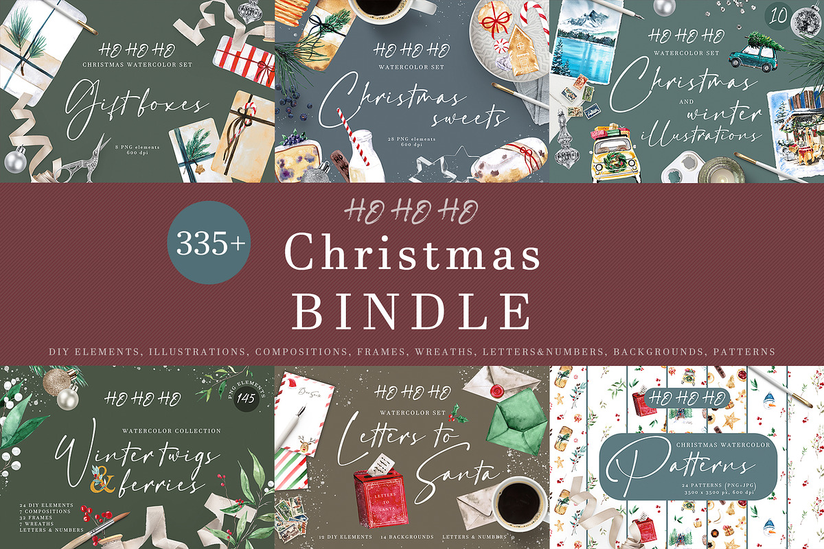 HOHOHO Christmas watercolor BUNDLE, a Seasonal Illustration by LeriaArt watercolor (Photo 1 of 24)