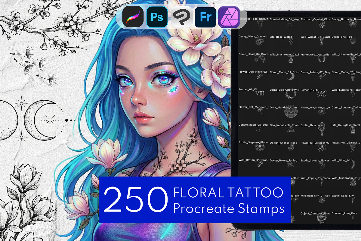 250 Floral Tattoo Procreate Stamps, a Brush Add-On by Selentaori Studio (Photo 1 of 11)
