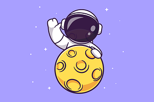 Cute Astronaut Waving Hand On Moon