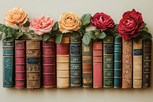 Roses adorn antique books a literary, a Photo by Pixeness Studio