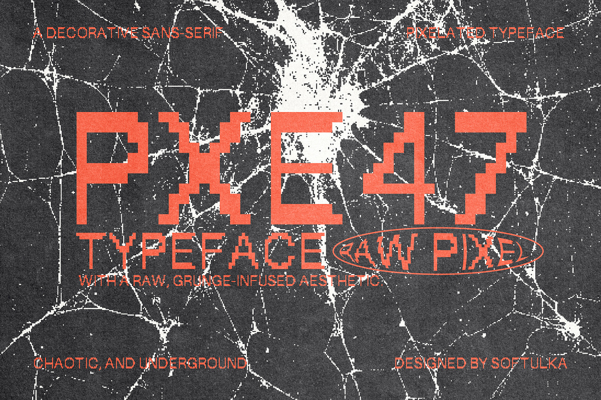 PXE47 Pixelated Typeface, a Sans Serif Font by softulka (Photo 1 of 5)