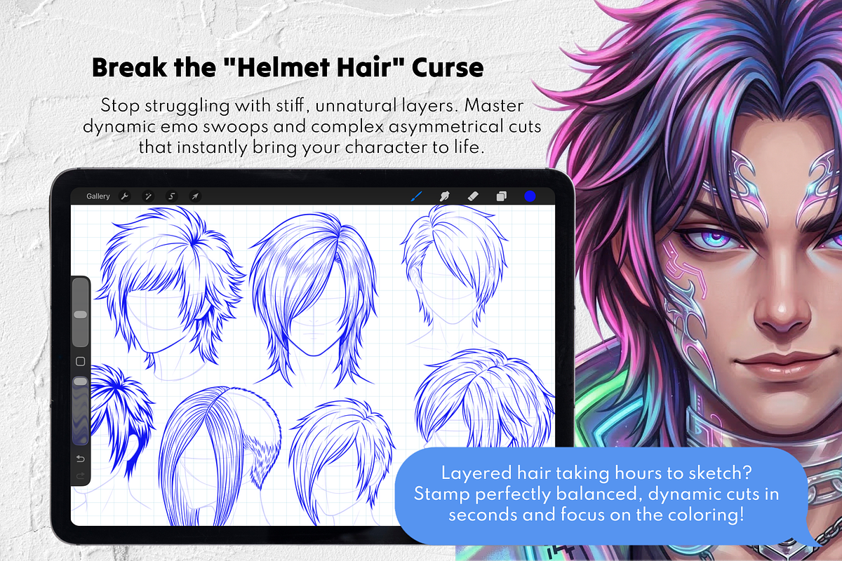 100 Y2K Male Hair Procreate Stamps, a Brush Add-On by Selentaori Studio (Photo 4 of 11)