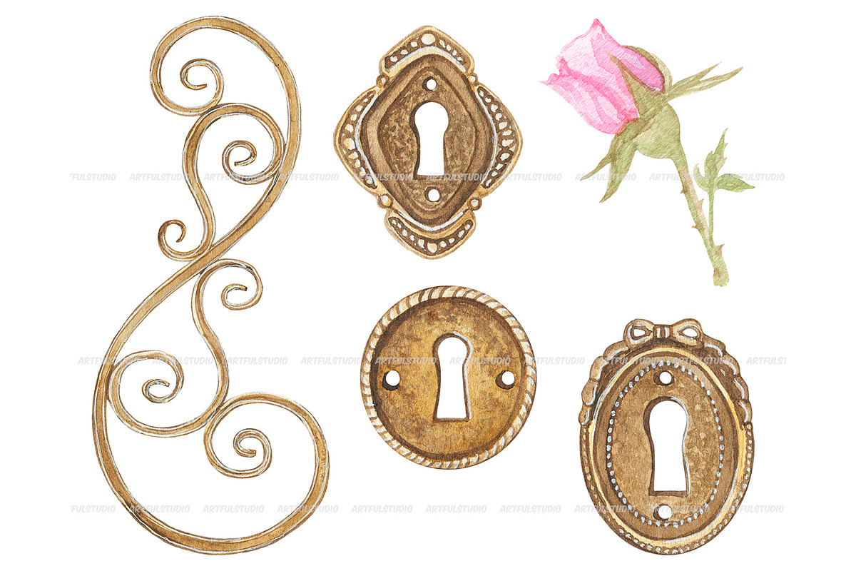 Watercolor vintage Keys and locks, an Object Illustration by ArtfulStudio (Photo 5 of 9)