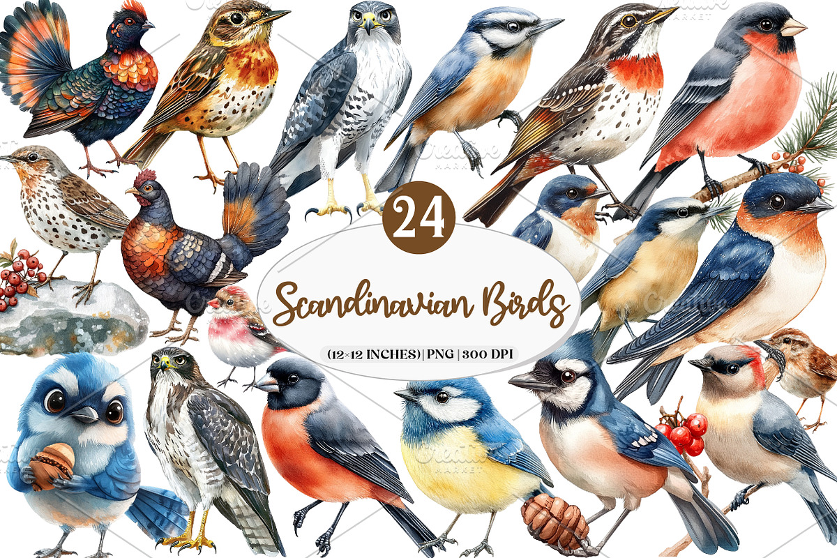 Scandinavian Birds Clipart, an Illustration by Watercolor design (Photo 1 of 5)