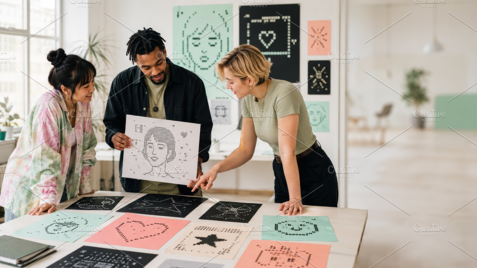 People discussing ASCII art designs, a Photo by Dvoevnore photos