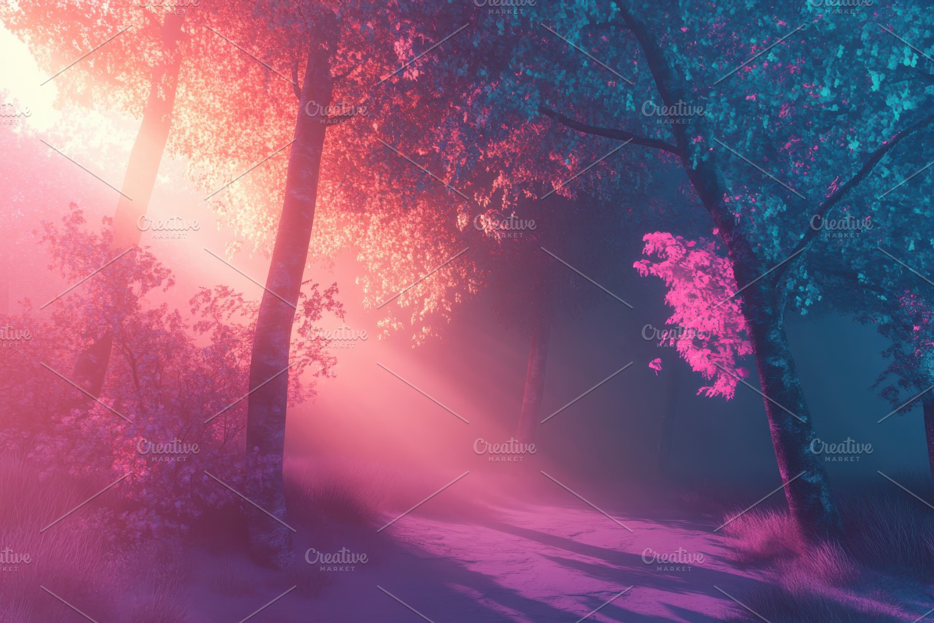 Enchanting pink and teal forest path, a Photo by Pixeness Studio