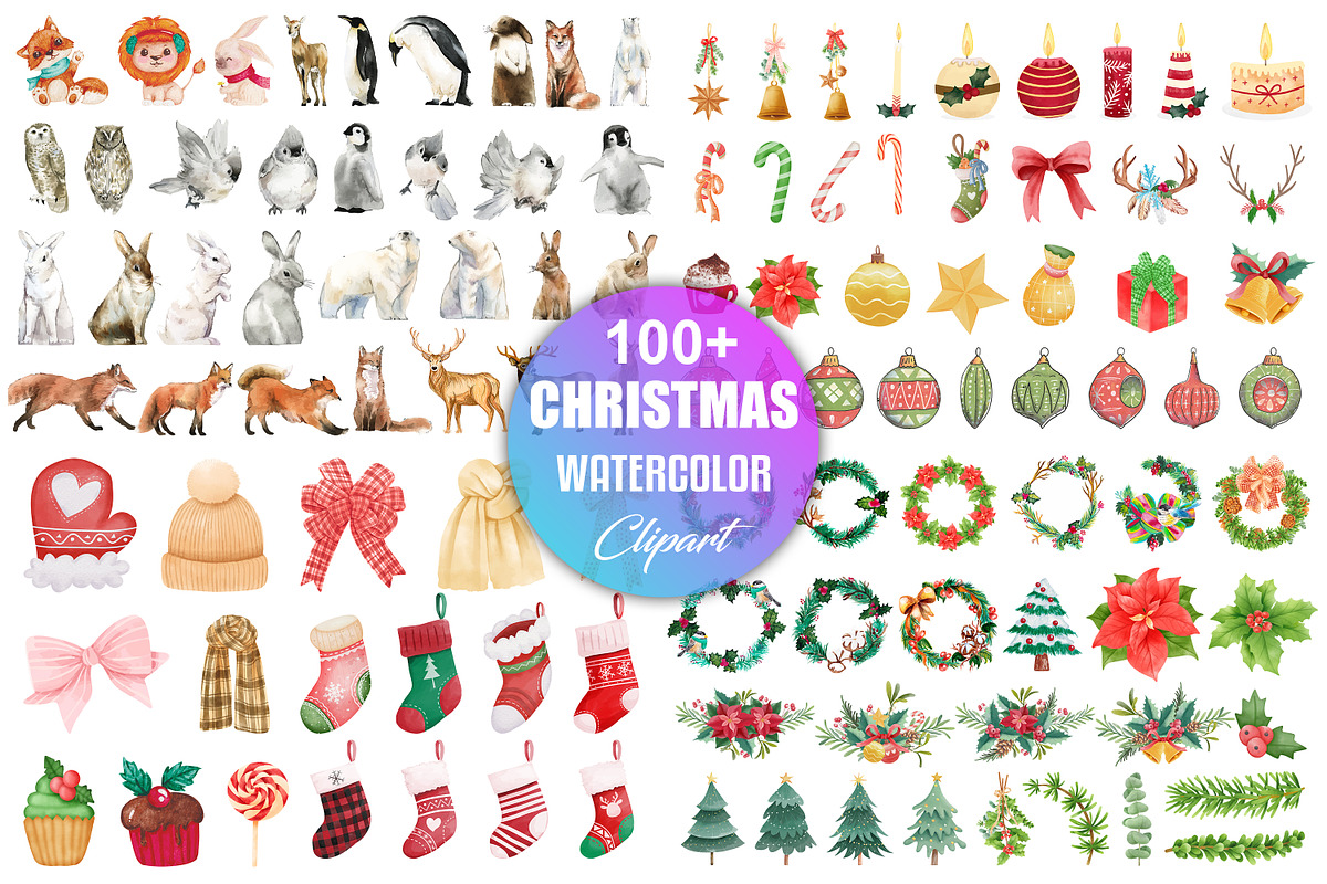Watercolor Christmas Elements, an Animal Illustration by Digital Studio (Photo 1 of 7)