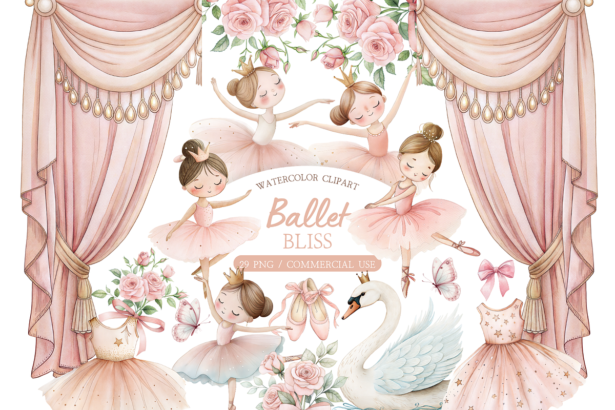 Ballet Bliss Watercolor Clipart, an Illustration by MockupWizard (Photo 1 of 5)