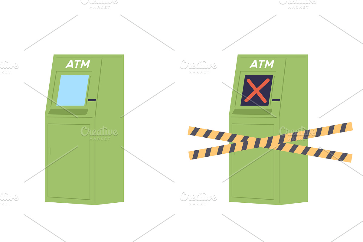 Working ATM full of cash and broken, a Finance Illustration by Vectorbuum