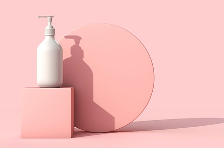 Blank cosmetic bottles on pink containing cosmetic, bottle, and beauty