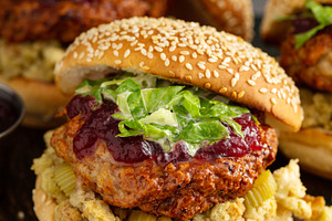 Turkey burgers with stuffing and cranberry sauce