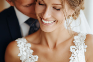 Joyful bride in a lace wedding dress, a Person Photo by MistyDay