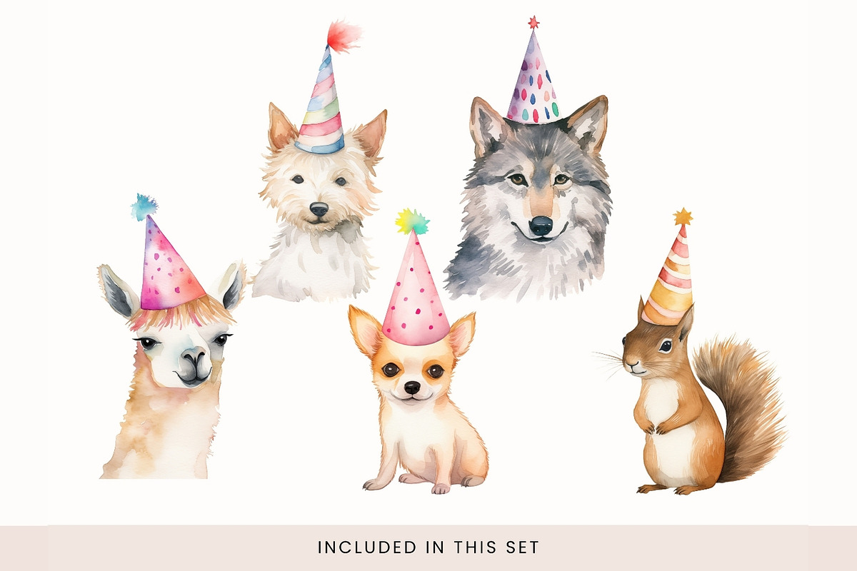 Animals in Party Hats Clipart, Cute, a Decorative Illustration by illuztrate (Photo 4 of 8)