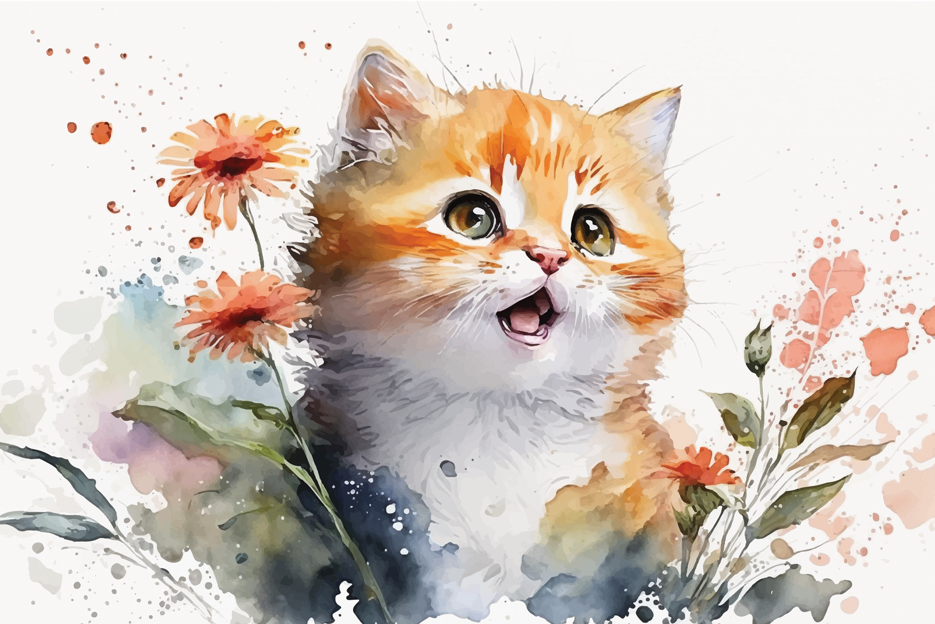 Cute watercolor cat with flowers, an Animal Illustration by Nexphic