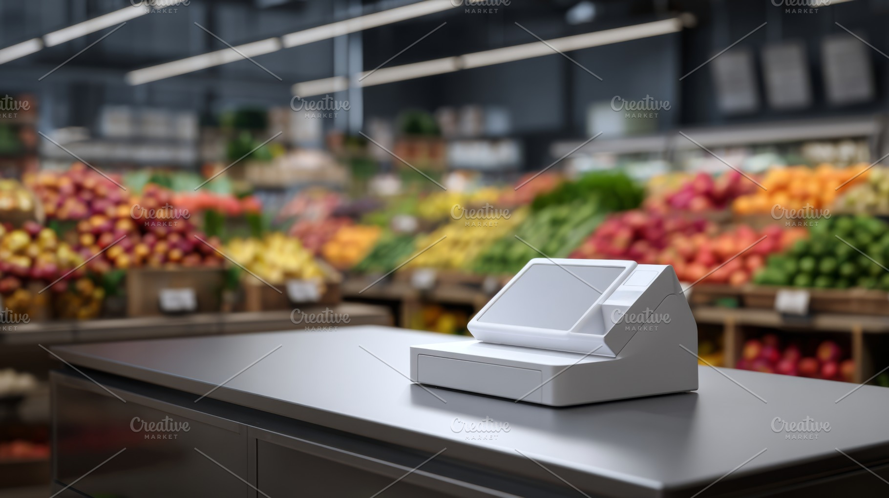 A sleek modern cash register in a vibrant grocery store filled with fresh fruit, a Business Photo by ImageMir