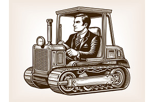 Businessman driving bulldozer, a Person Illustration by AlexArt