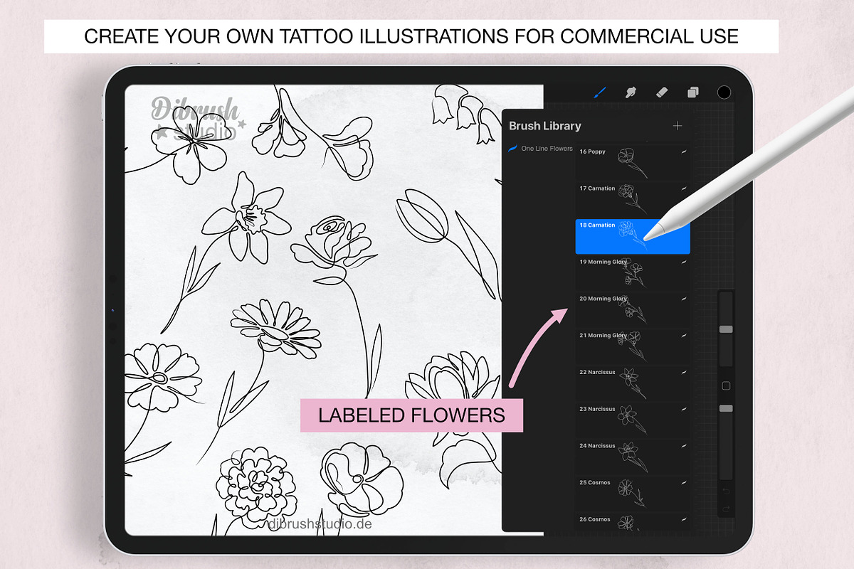 Procreate One Line Flowers, a Brush Add-On by DiBrush Studio (Photo 2 of 4)