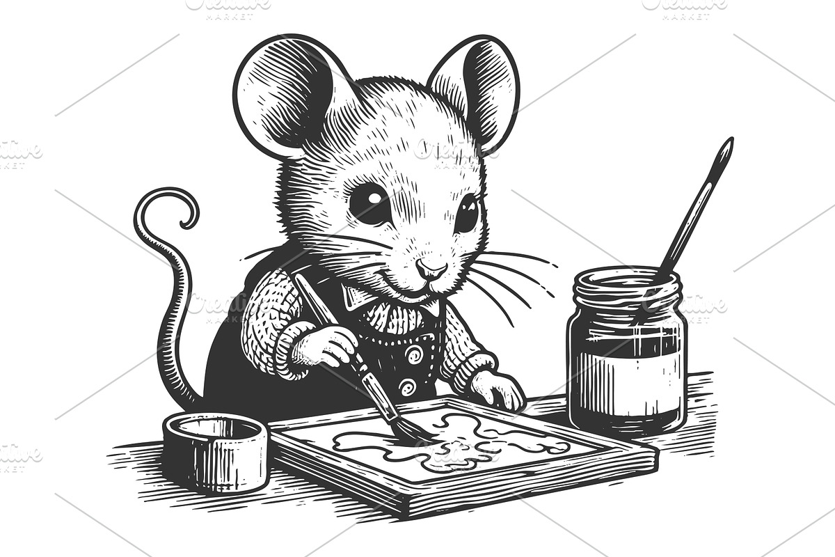 Cute Artist Mouse Painting Brush, an Animal Illustration by AlexArt