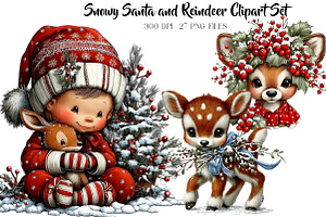 Snowy Santa and Reindeer Clipart, a Seasonal Illustration by CreationArt