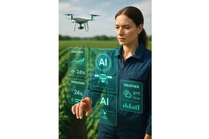 A female farmer interacts with a, an Illustration by Sergey Kotenev