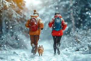 A couple in winter jackets, walking their dog through a snow-covered forest, en, a Person Photo by ImageMir