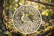 Floral Peacock Round Wooden Ornament, an Object Graphic by Libby Wishes (Thumbnail 3 of 3)