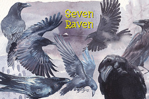 Seven Raven Watercolor Clipart