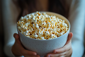 Woman holds bowl full of popcorn, a Food & Drink Photo by MistyDay