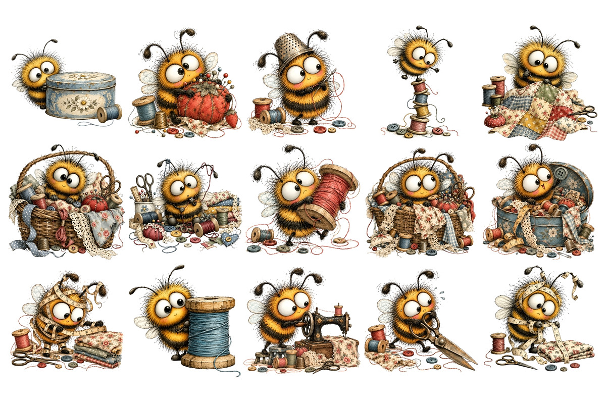 Whimsical Sewing Bees Clipart, a Decorative Illustration by Nicolle's Colorful Art (Photo 4 of 6)