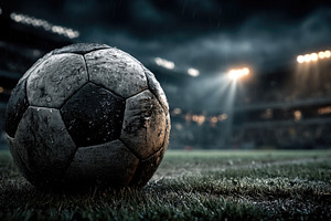 Wet Soccer Ball on Rainy Stadium Field with Dramatic Night Flood, a Sports & Recreation Photo by José Manuel Gelpi