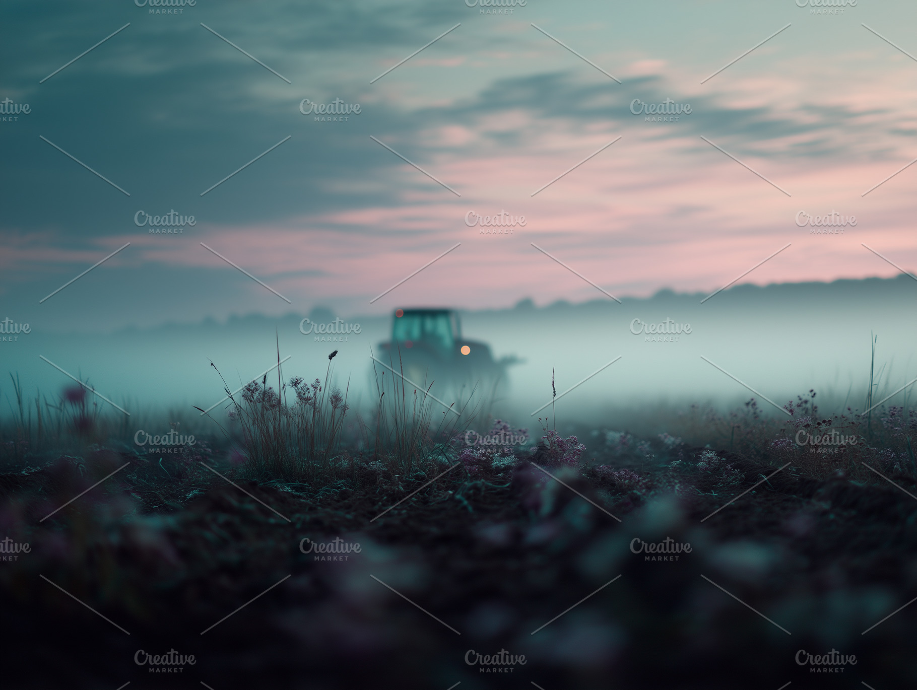 Tractor in Foggy Farm Field, an Industrial Photo by k.tay
