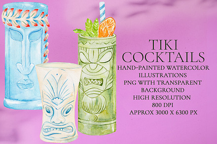 Watercolor Tiki Cocktails Set, a Food Illustration by Olexandra Mur